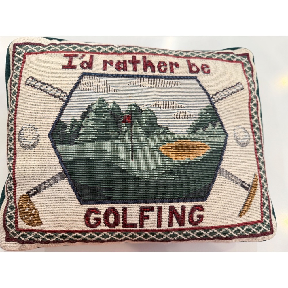 Vintage Woven Tapestry Golf Throw Pillow I'd Rather Be Golfing Green Accent
